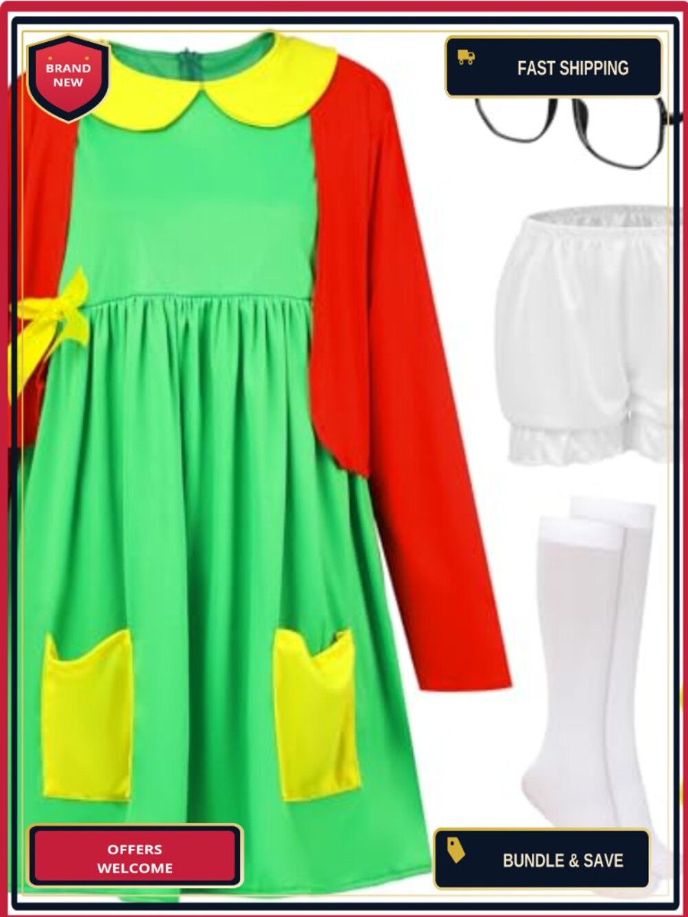 Women's Halloween Cosplay Costume 7 Pc Set Polyester Dress Cardigan Shorts